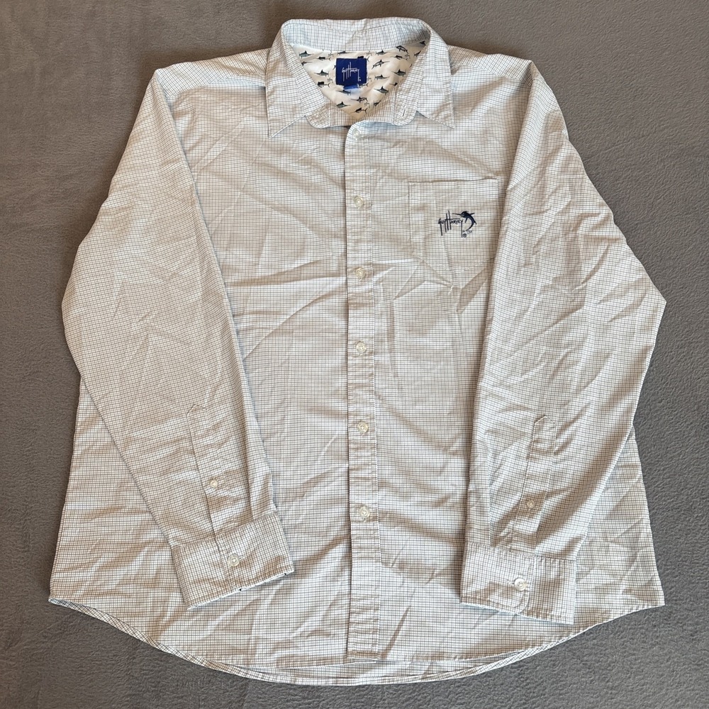 XXL Guy Harvey Men's White/Blue Checkered Long Sleeve Button‎ Down Shirt